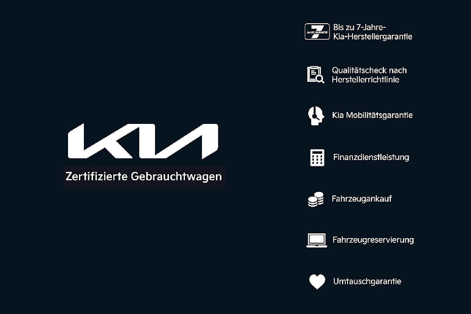 weißes Kia Logo mit Icons zu den Vorteilen der Kia zertifizierten Gebrauchtwagen